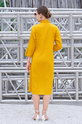 Plus Size Hand-Painted Mustard Cotton Shirt Collar A-Line Flared Dress-CL-SW-3054